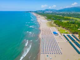 Aerial view of the long sandy coast south of Ulcinj
