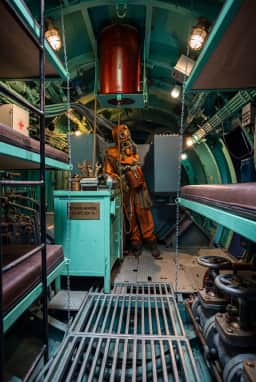 Interior of the P-821 Heroj submarine with escape lock, bunks and a vintage diving suit