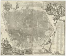 Pianta incisa di Bologna del 1745, con strade, edifici e portici