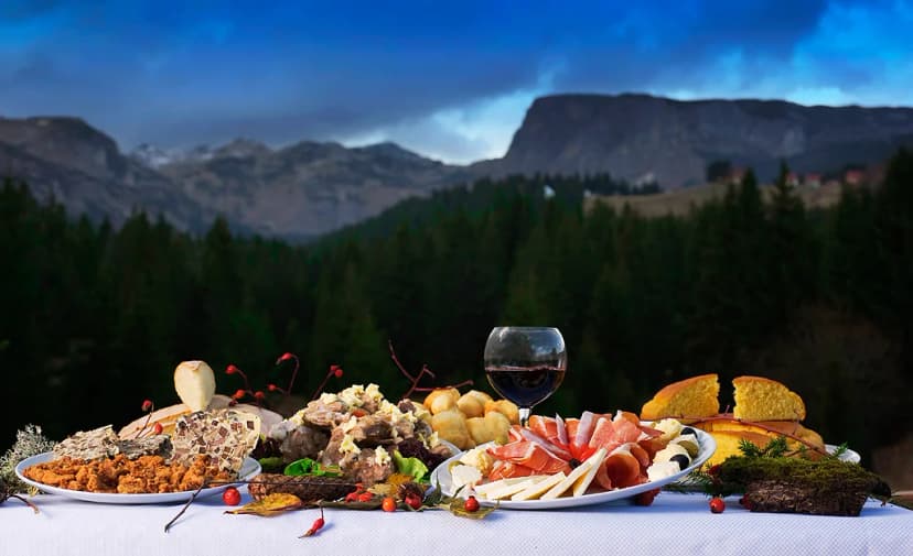 Northern Montenegro food board against a mountain backdrop
