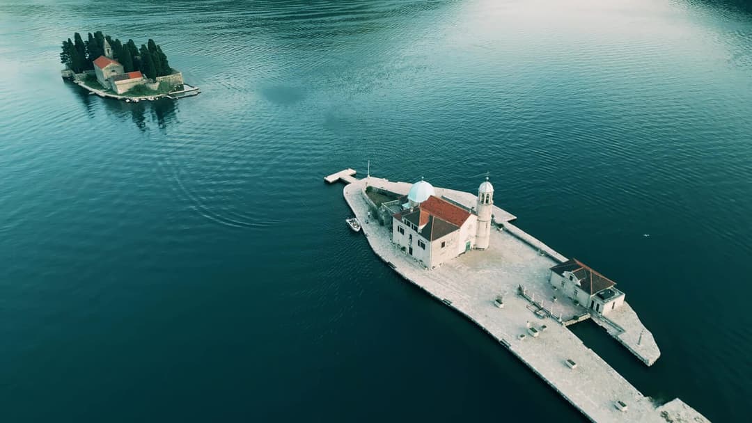Aerial view of Our Lady of the Rocks and St. George islets in the Bay of Kotor