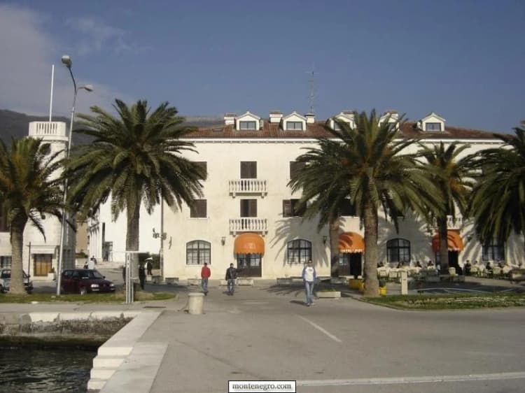 Palm-lined waterfront building beside Tivat Bay