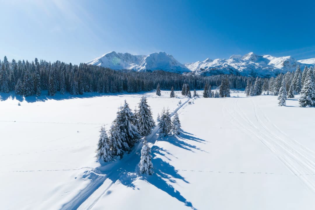 Žabljak under snow in winter, the mountain town's buildings and slopes at the foot of the Durmitor massif.