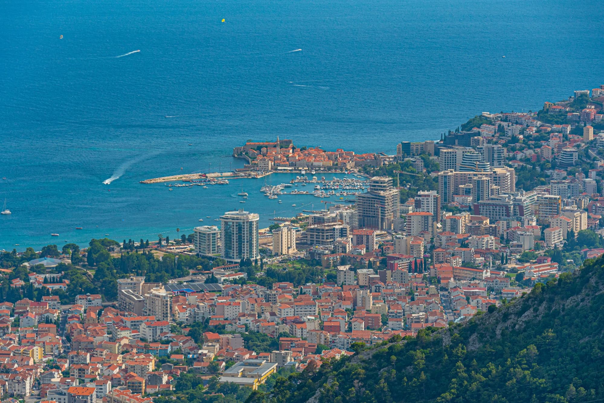 The riviera panorama toward Budva’s Old Town peninsula