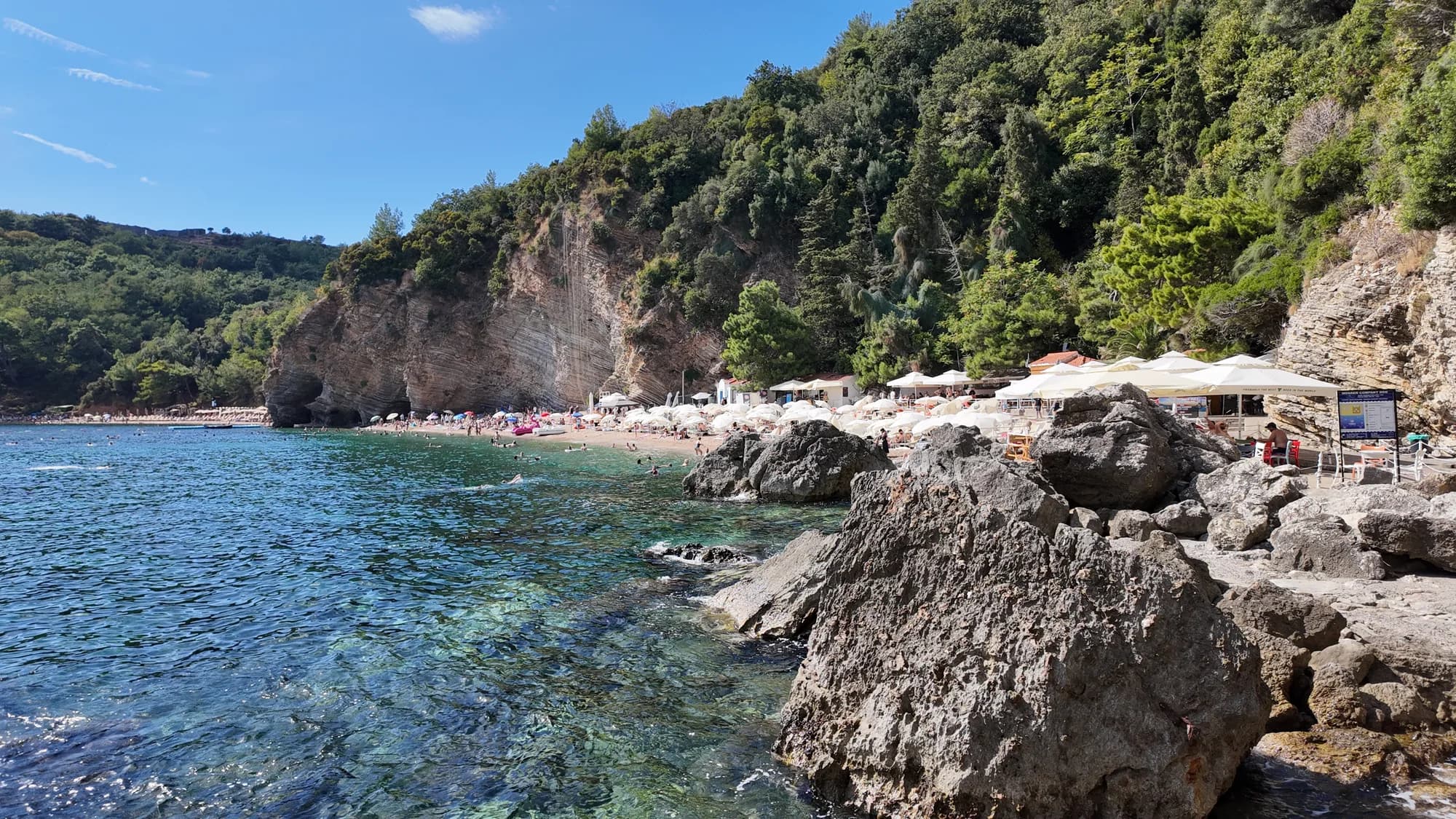 Mogren I beach in its cove under the cliffs, umbrellas along the shingle