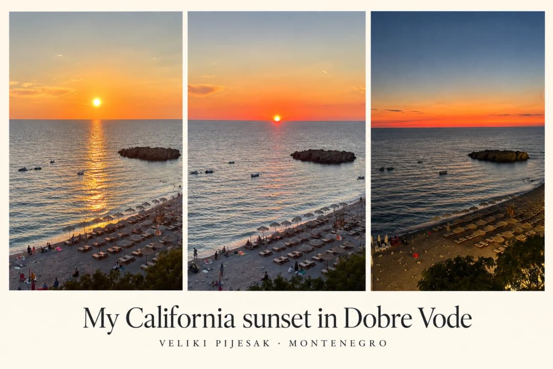 Collage titled My California sunset in Dobre Vode: three moments of one evening over Veliki Pijesak, from a golden sun to the sun on the horizon to orange afterglow