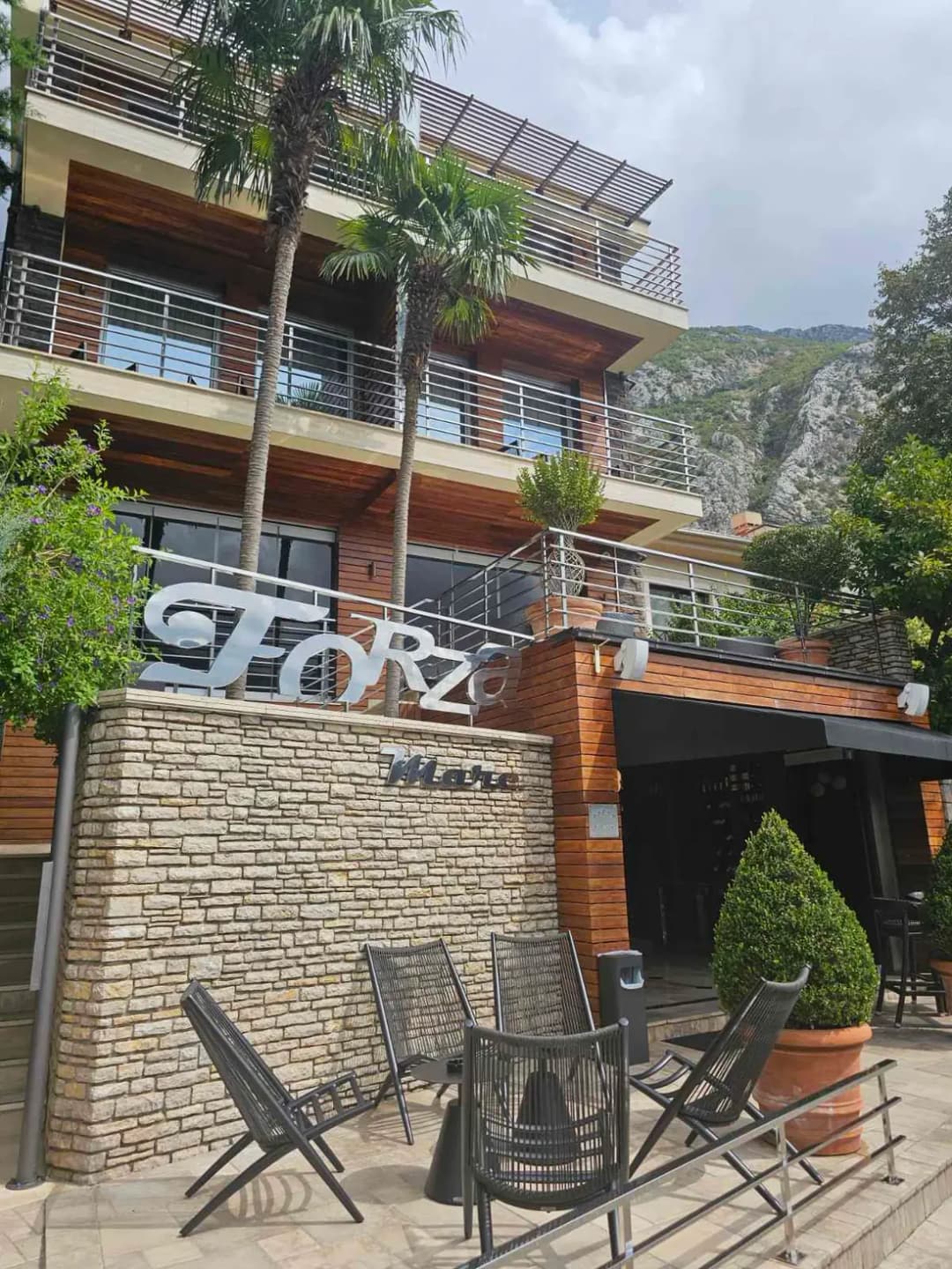 The facade of the Forza Mare hotel at Dobrota on the Bay of Kotor.