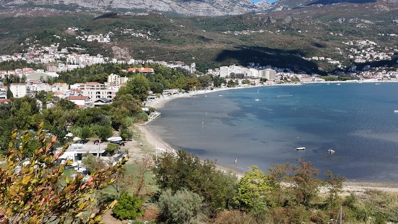 The curve of Igalo bay from the hill above Stara Banja, the strand and the Institute quarter strung along the shore, the mountains behind