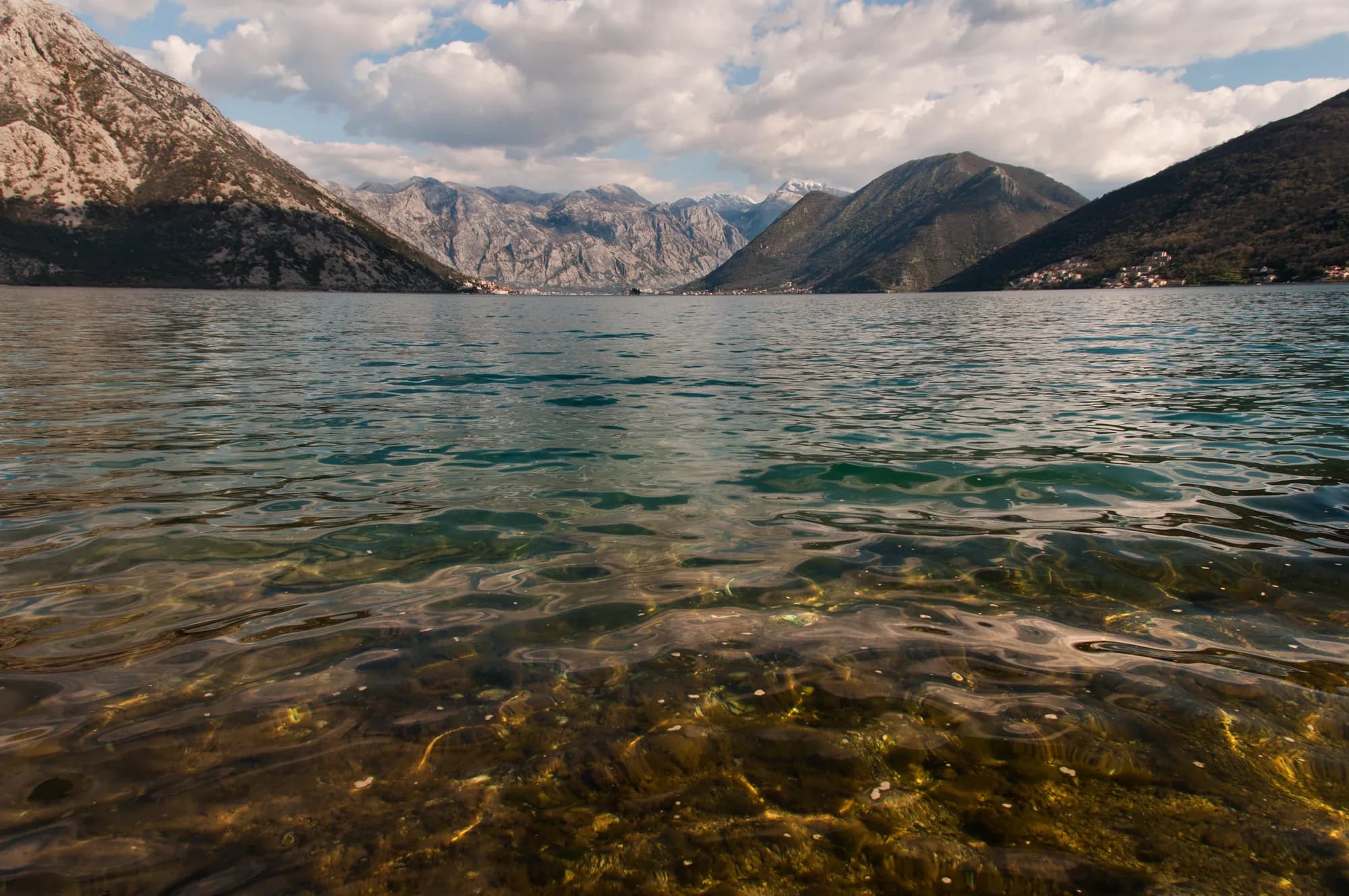 Clear shallow water over pebbles on the north shore of the Risan basin at Lipci, 5 km west, looking down the bay towards Perast
