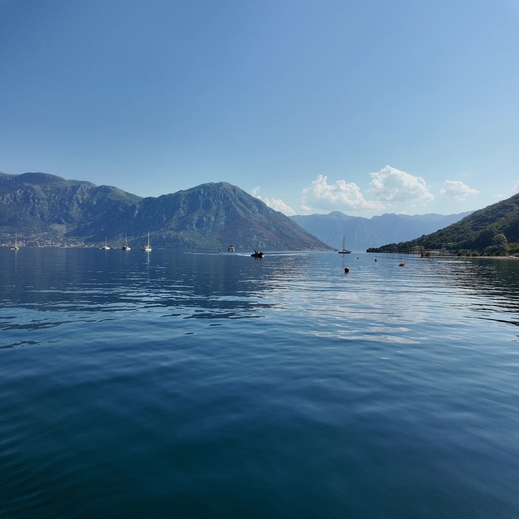 The open Risan basin from the Morinj shore, yachts at anchor, the buoyed line off the beach at the right and the mountains towards Perast