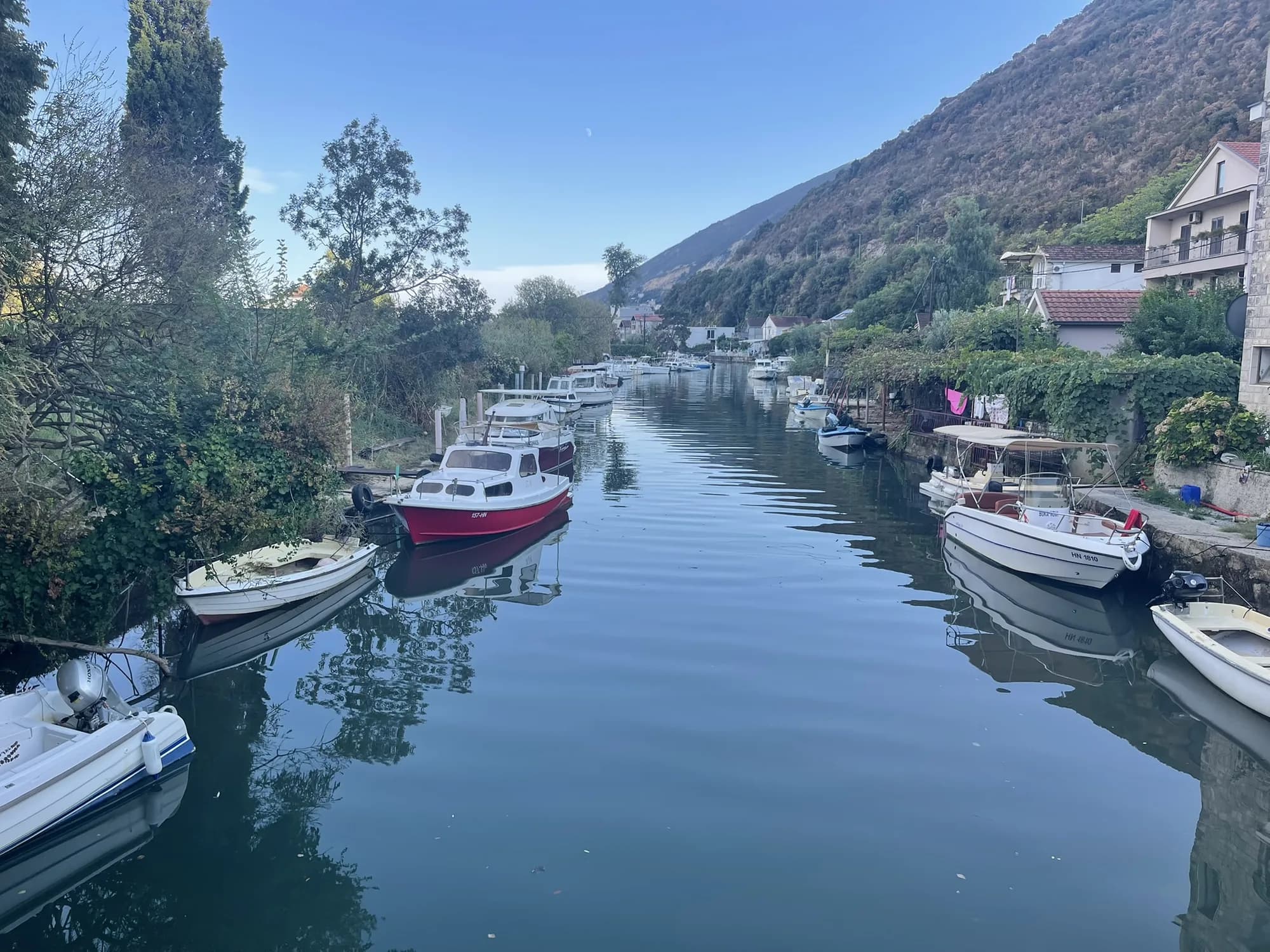 Boats moored along the Sutorina channel where it reaches the sea, houses and gardens on the far bank