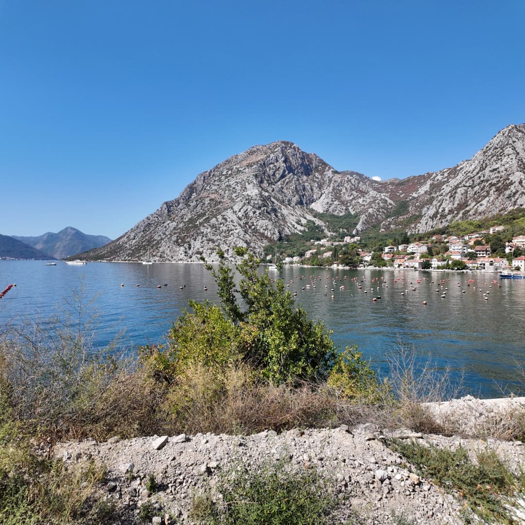 The inner bay from the Orahovac shore, the floats of the mussel farm across the water