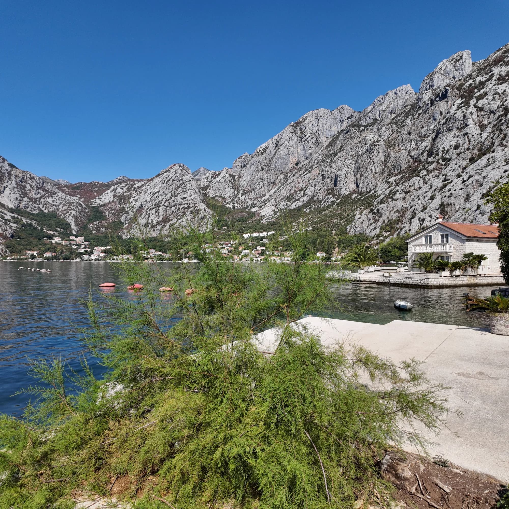 A stone house with its own quay at Orahovac, tamarisk trees on the shore