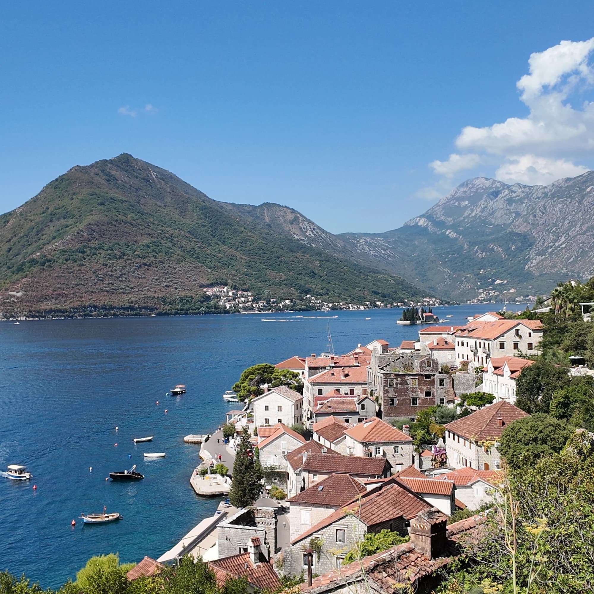 Die Dächer von Perast und die zwei Inselchen vom Hang über der Stadt