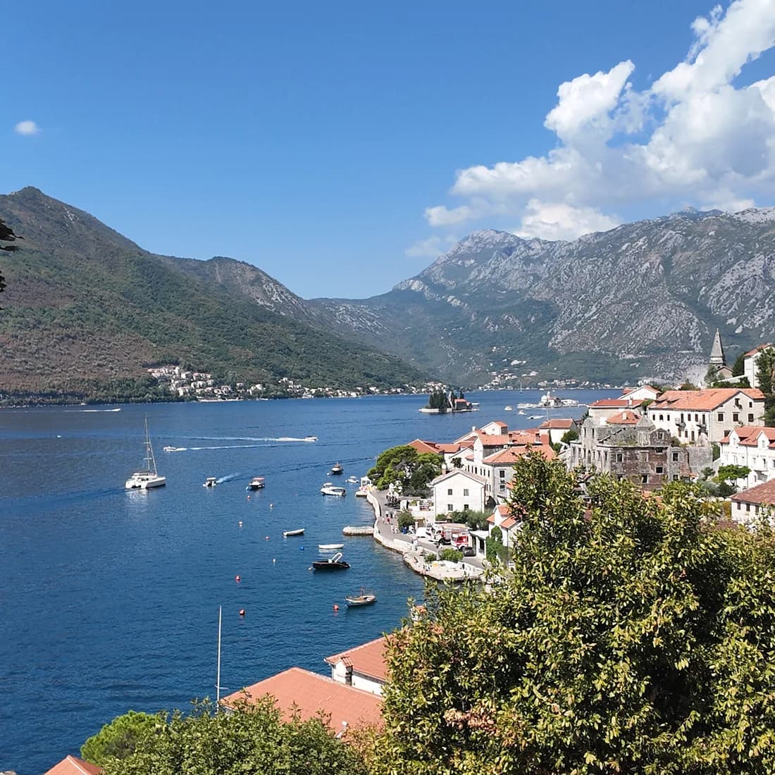 Perast and its two islets from above, the nearest town to Bajova Kula, 3 km west along the same road
