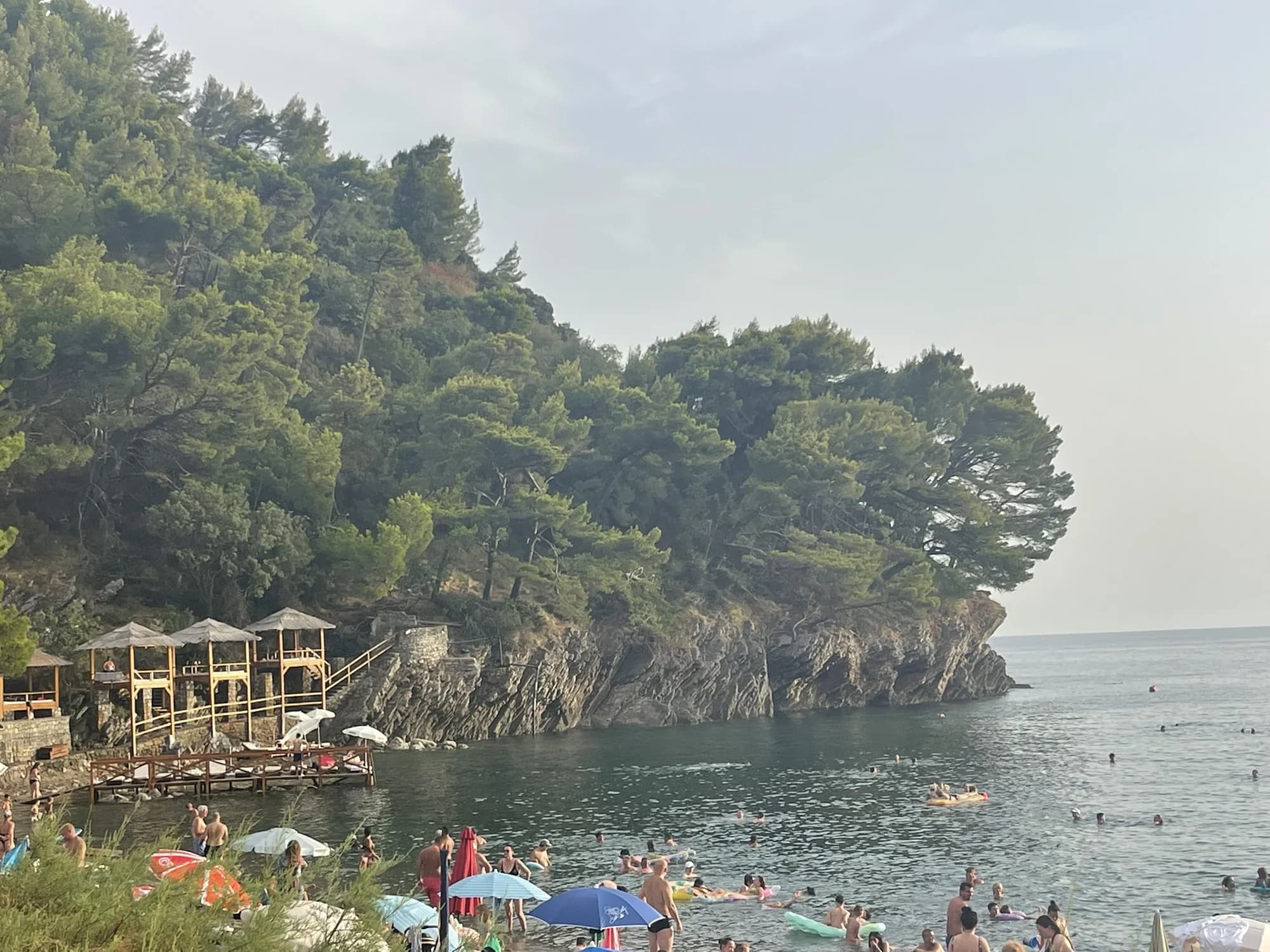 The Lučice cove from the coastal path above it, pines over the water, swimmers in the shallows and the beach bar on the rocks