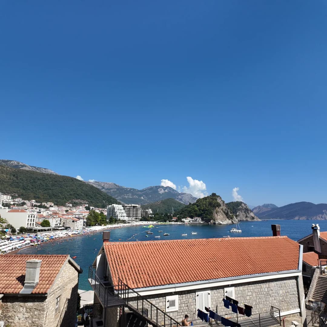 The beach and town of Petrovac viewed from the walls of the Castello.