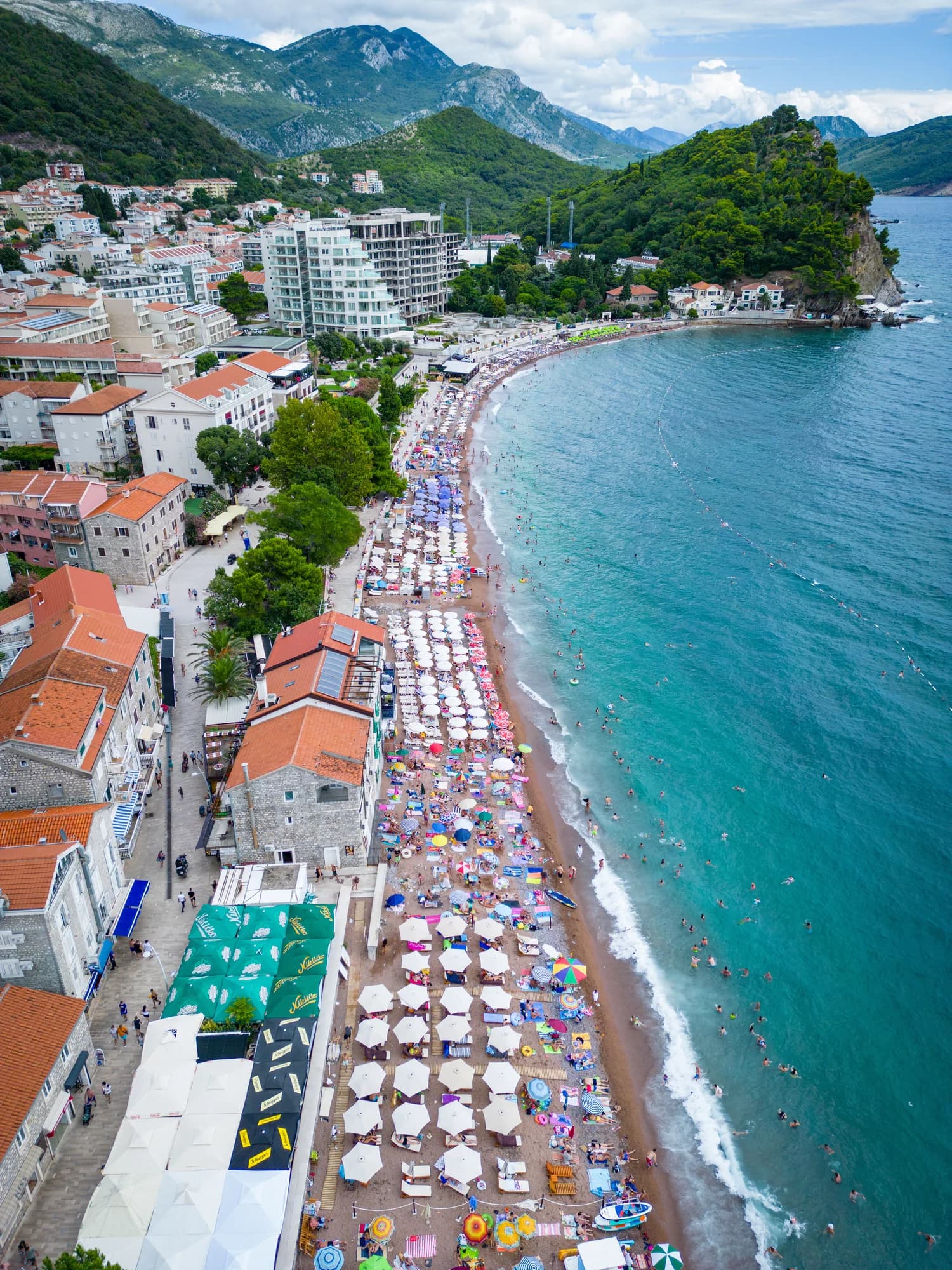 The Petrovac shoreline and beach from above