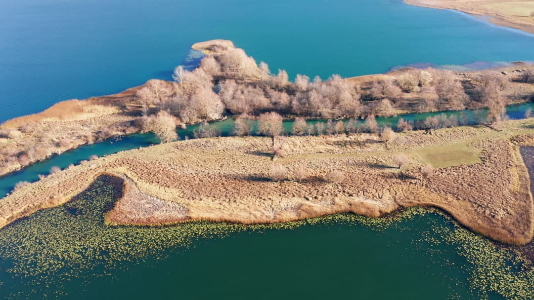 Lake Plav seen from above, its shallow edges fading into reedy wetland where the shoreline meets the surrounding valley floor.