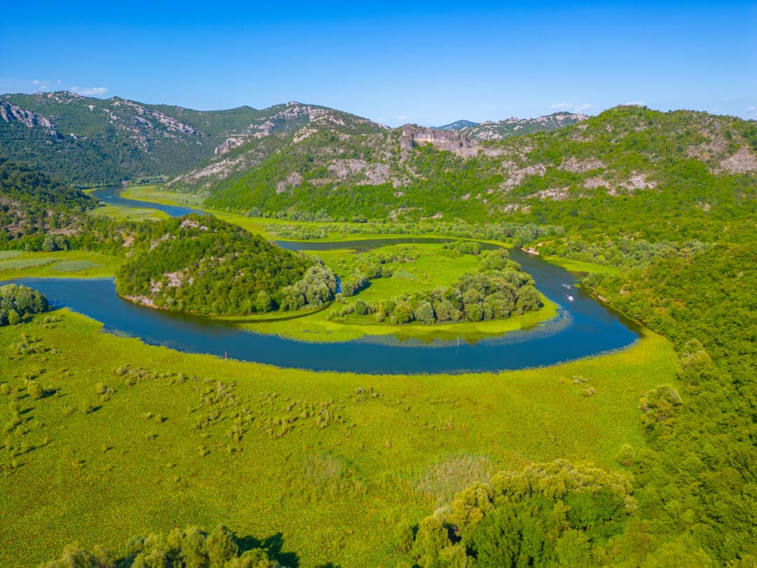 Flygbild över en flodmeander genom Skadarsjöns våtmarker
