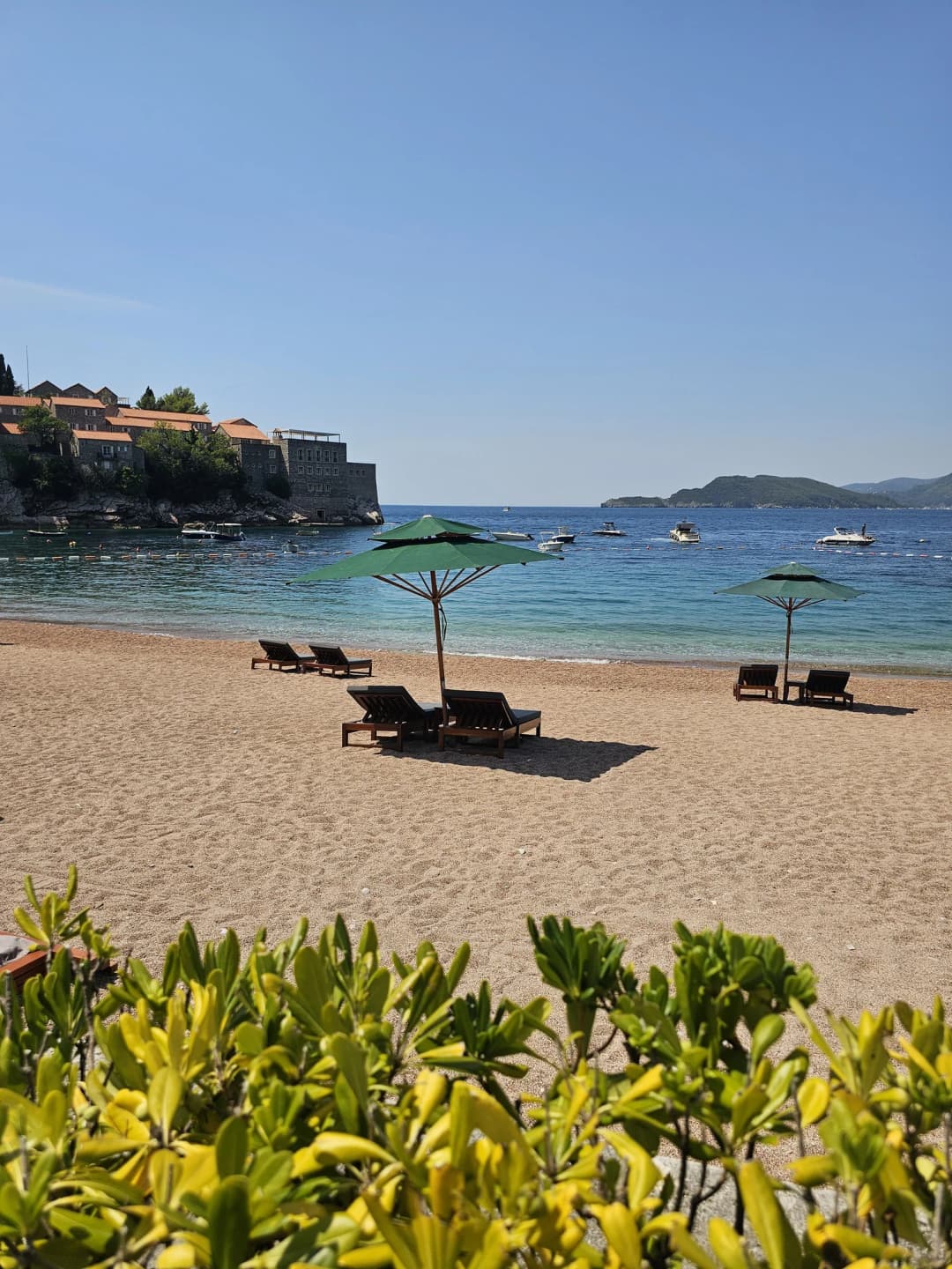 The public northern beach at Sveti Stefan, its green umbrellas, clear shallows and the fortified island