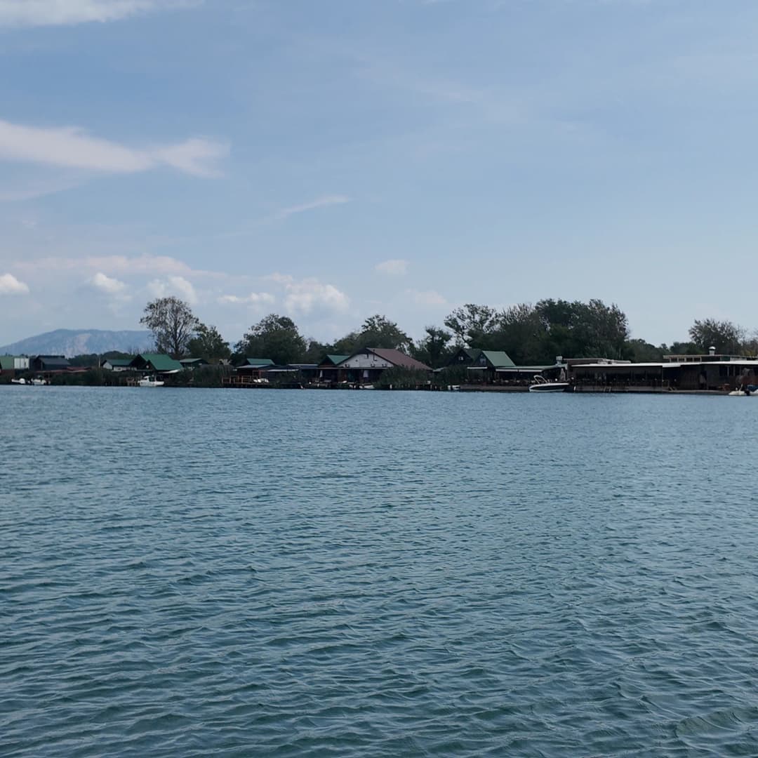 Timber fish restaurants on piles along the Bojana at its mouth, boats moored beneath them