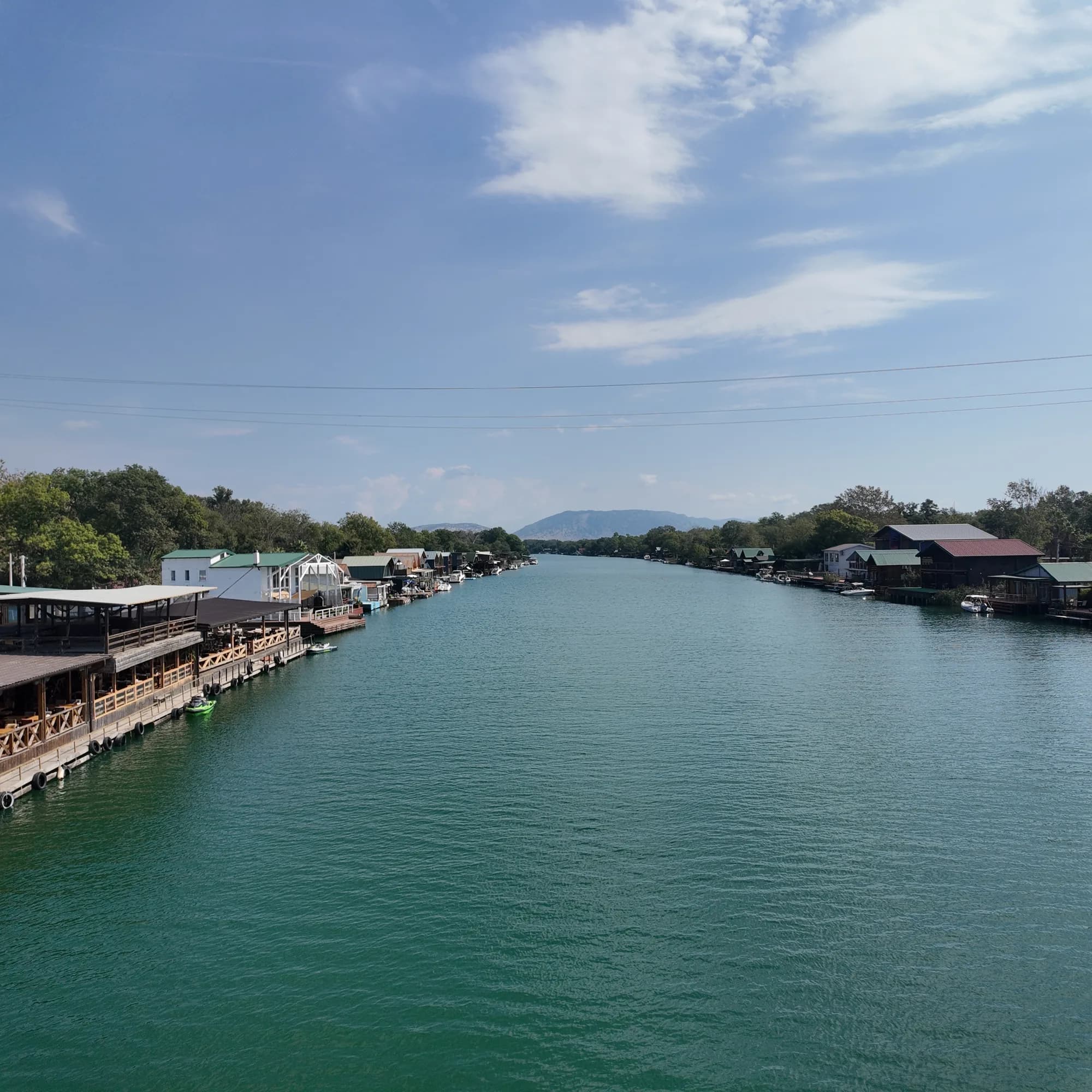The Bojana river seen from the single-lane bridge that is the only road onto the island