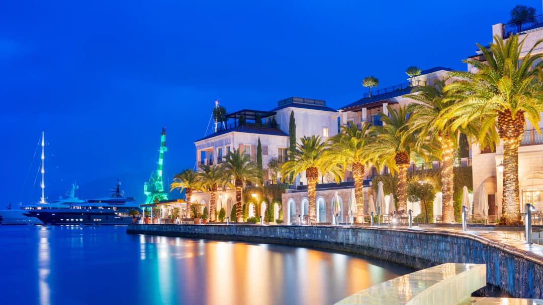 The pine-lined promenade running along the Porto Montenegro marina in Tivat, with moored yachts alongside.