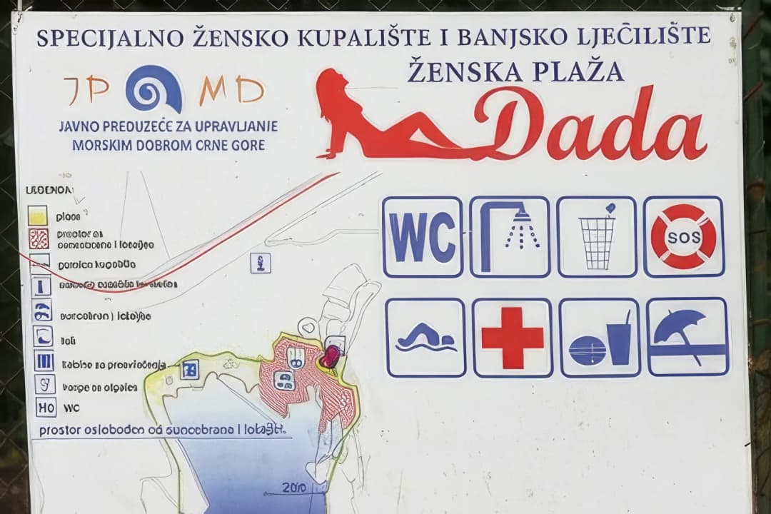Sign at the entrance to Ženska Plaža reading 'special women's bathing place and spa sanatorium'