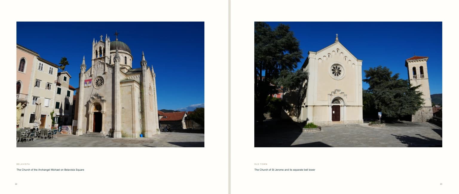 Una doble página del libro reúne las iglesias de Belavista y de San Jerónimo en Herceg Novi