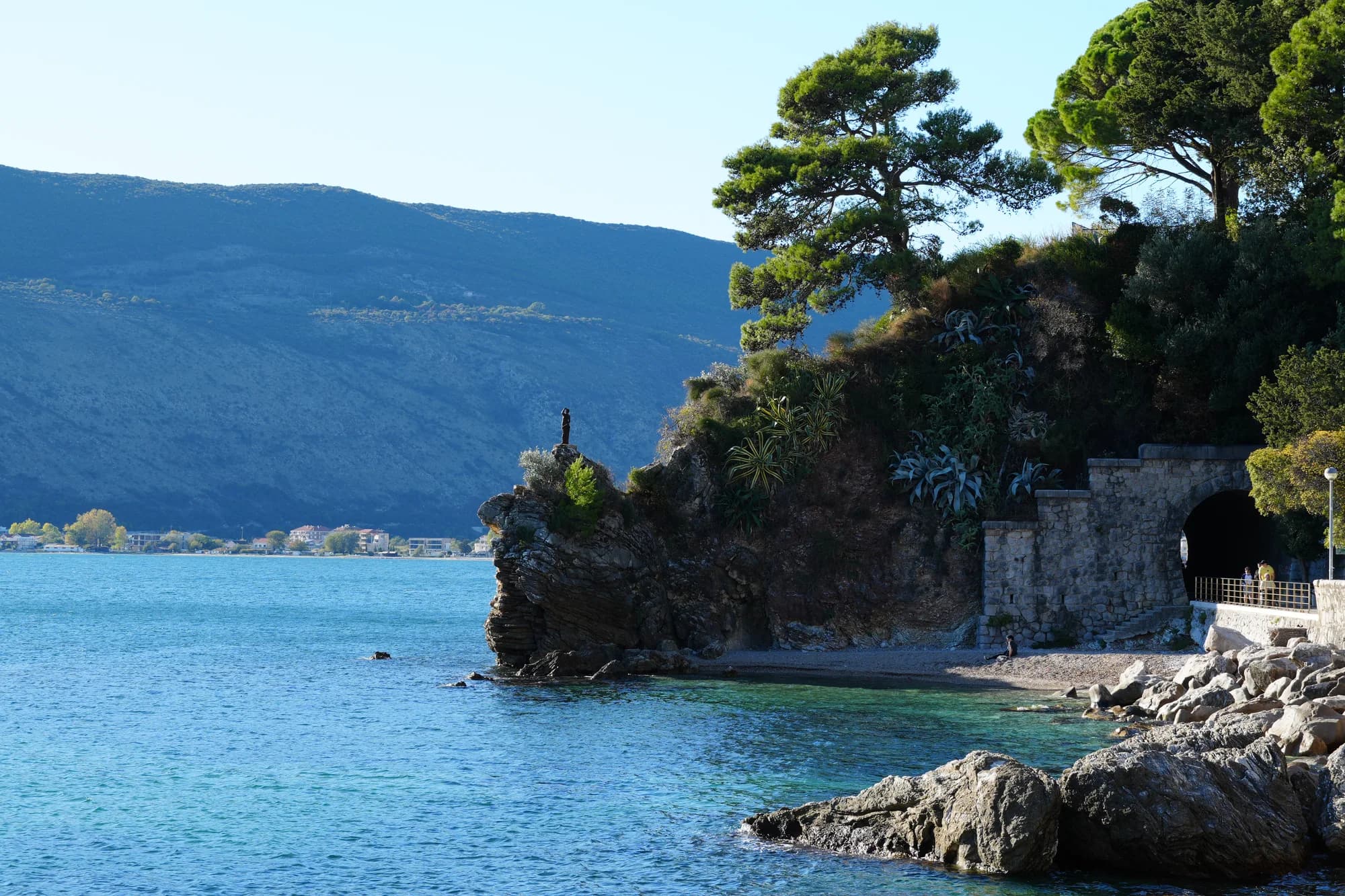 Pinos sobre un promontorio rocoso junto a las aguas turquesas de la bahía en Topla