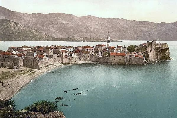 Colour postcard view of walled Budva around 1900