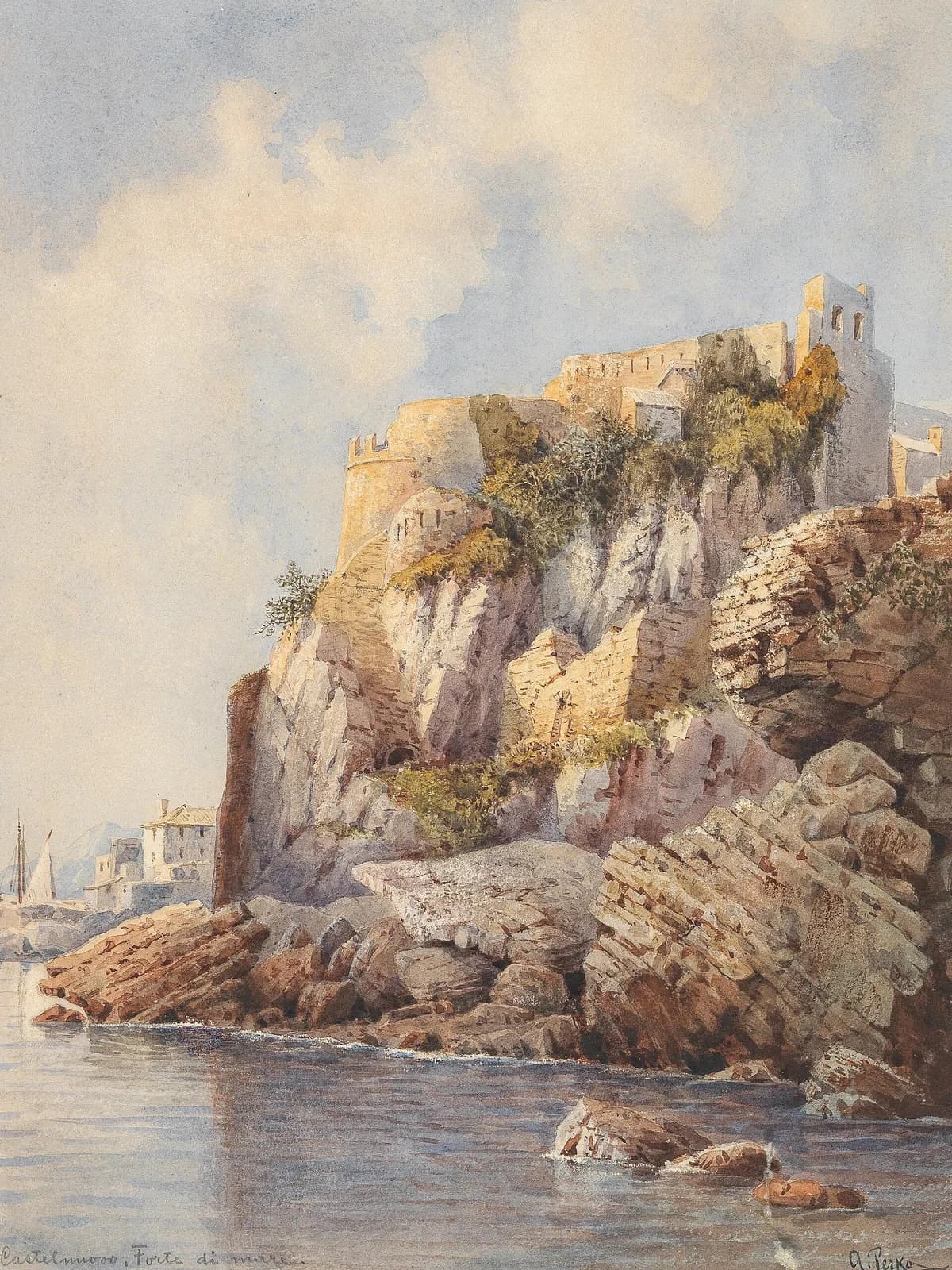 Anton Perko watercolor of Castelnuovo and Forte Mare