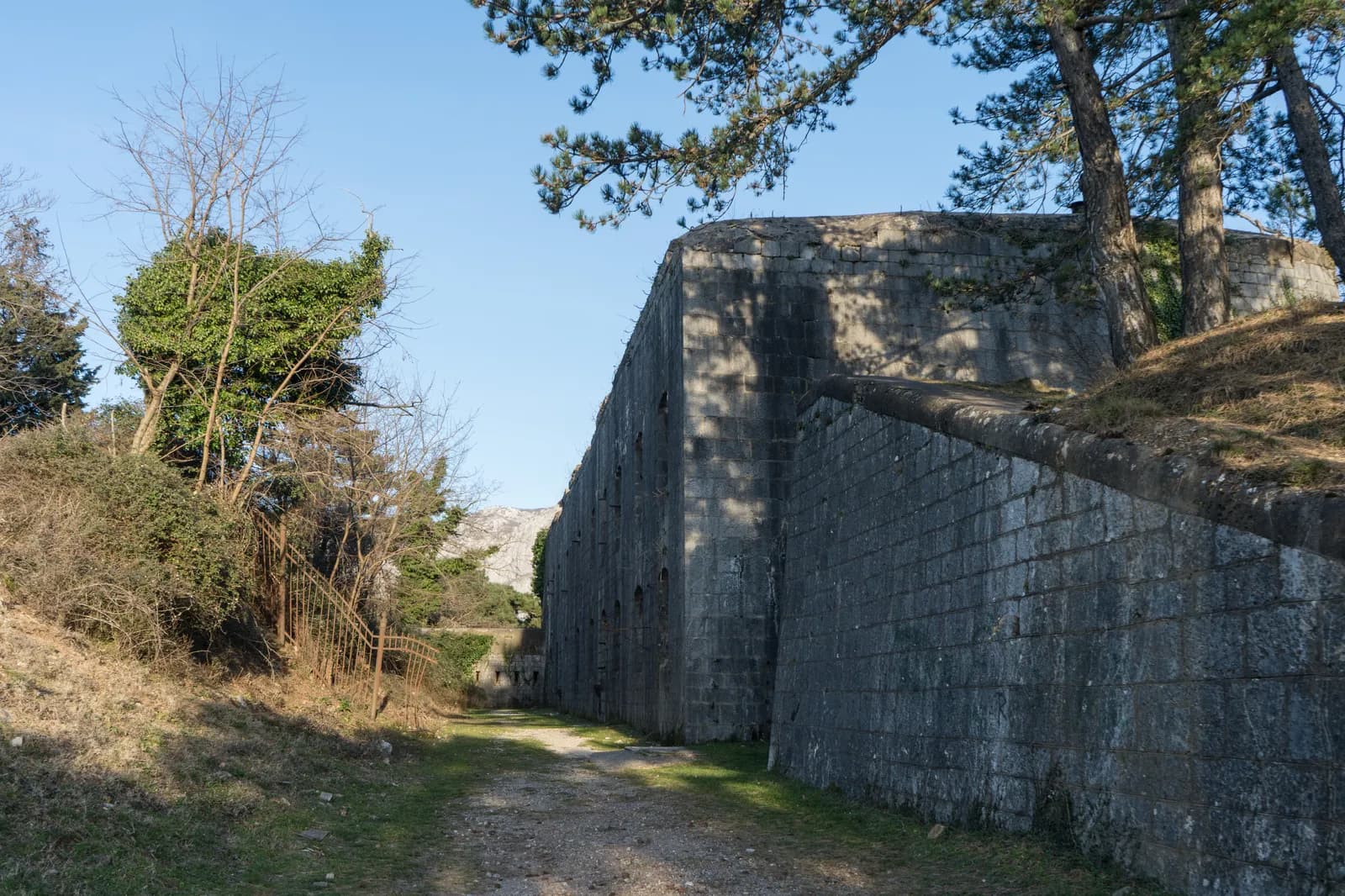 Fort Vrmac in 2024: a long, low fortress of grey stone and concrete on an open ridge, its front pierced by casemate openings, with overgrown grass on the roof and the wooded slopes of the Vrmac ridge behind.