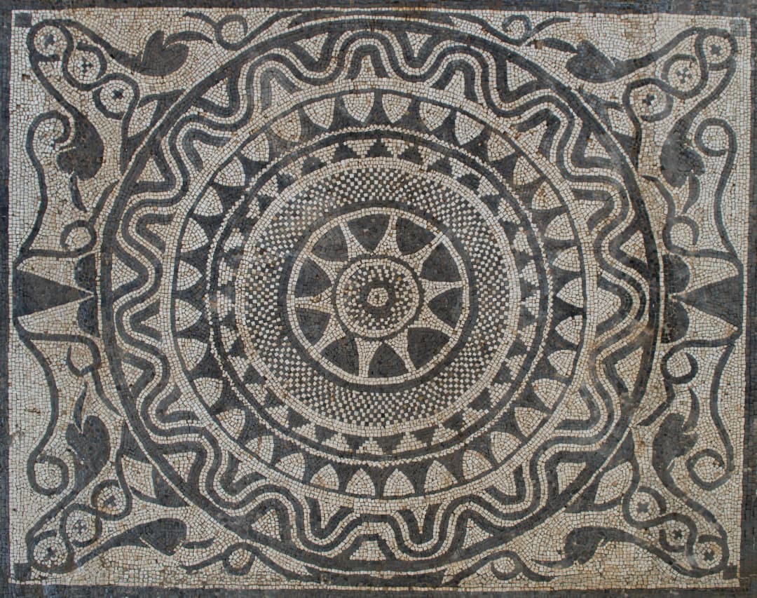 Black-and-white geometric Roman mosaic preserved at Risan