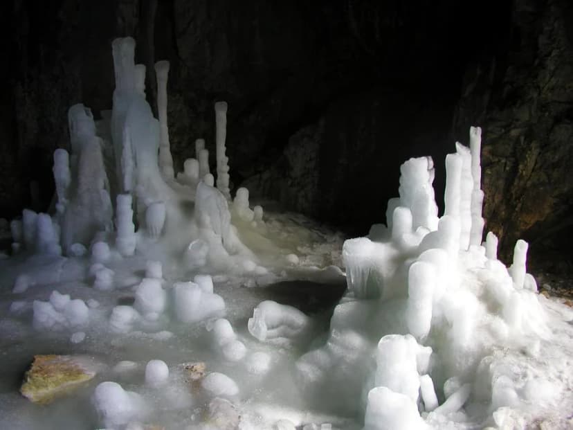 Archival photograph of ice formations inside Durmitor Ice Cave