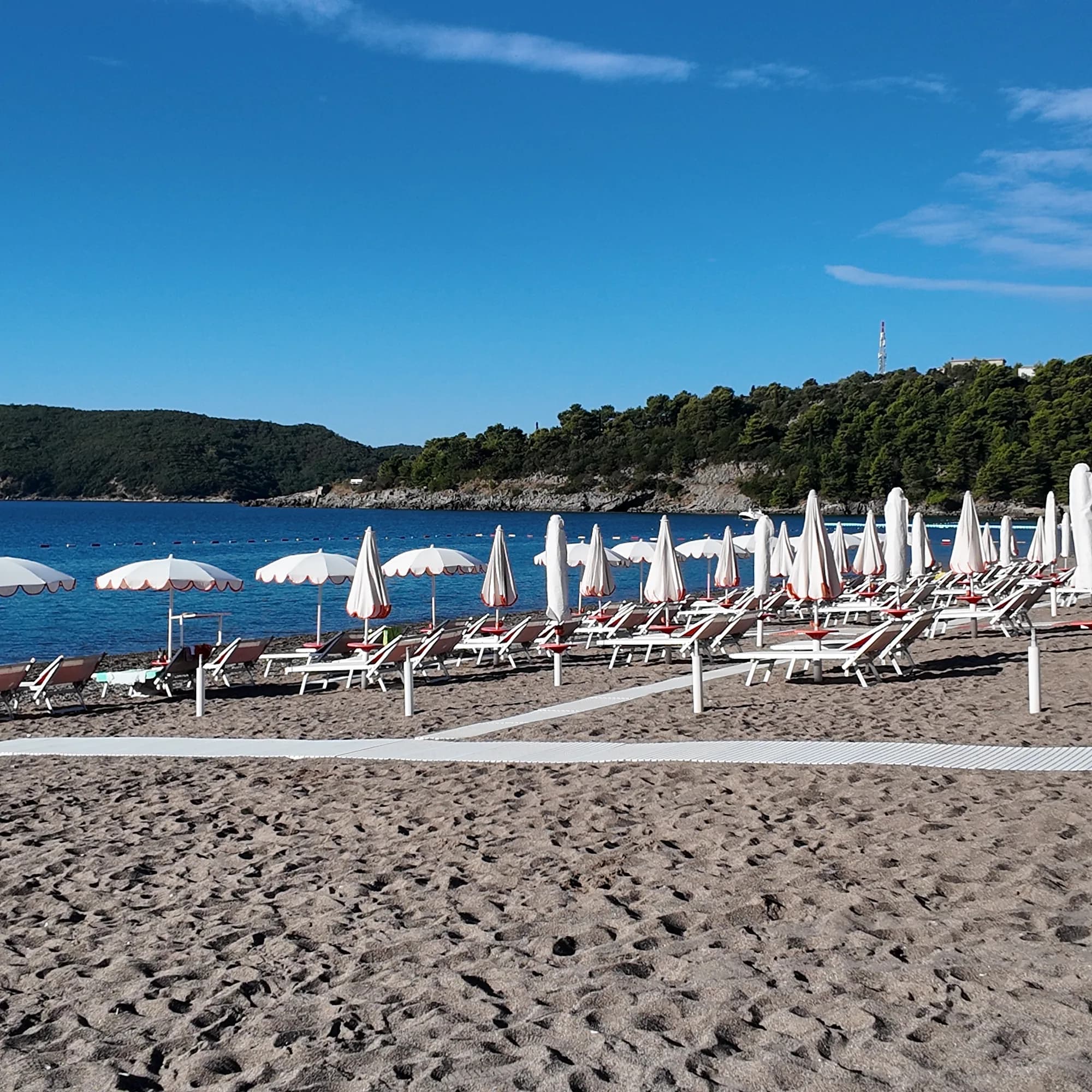 Bečići beach on a September morning: rows of umbrellas on the dark sand, walkway mats down to the water and the pine-covered headland closing the bay