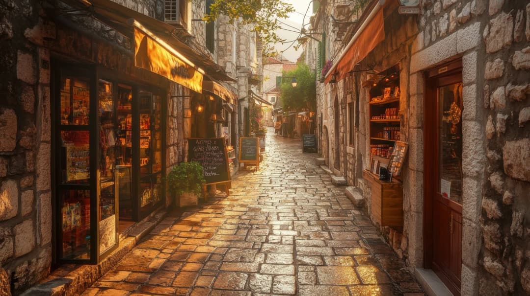 Kotor Casco Antiguo al atardecer, mesas de restaurante puestas a lo largo de las calles de piedra angostas con iluminación cálida