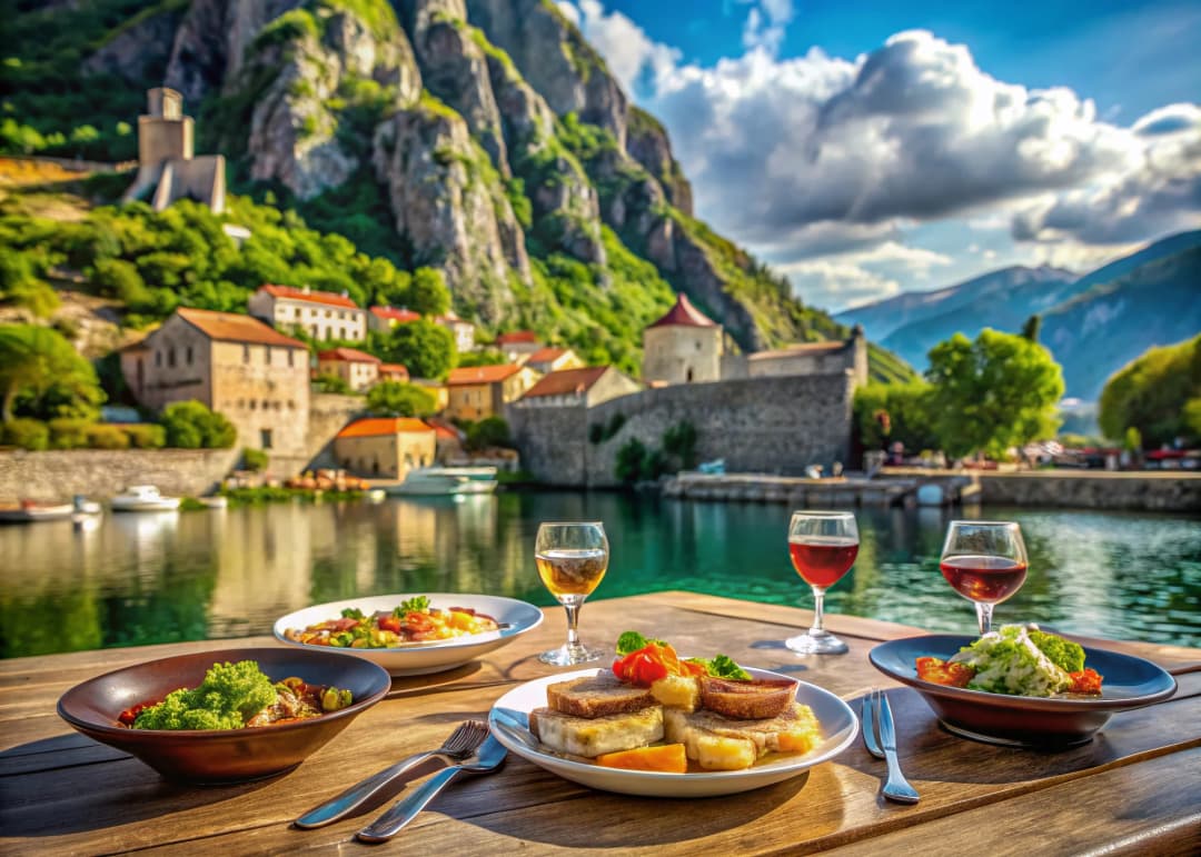 Vista desde la terraza del restaurante Bastion con vista a la Bahía de Kotor al atardecer