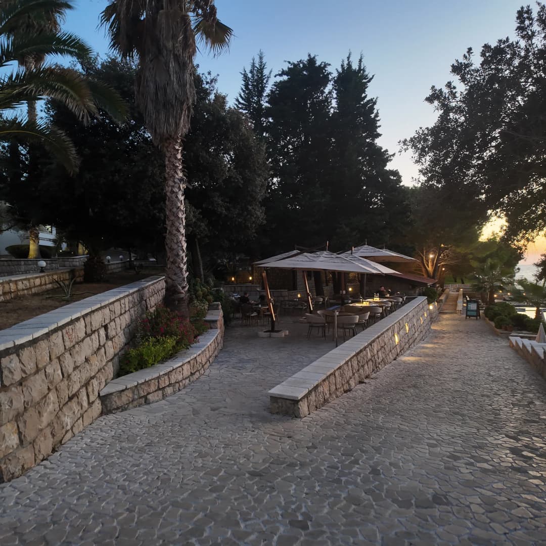 Kamenom popločana vrtna terasa pod borovima i palmom u sumrak, a na njenom kraju pergola sa stolovima