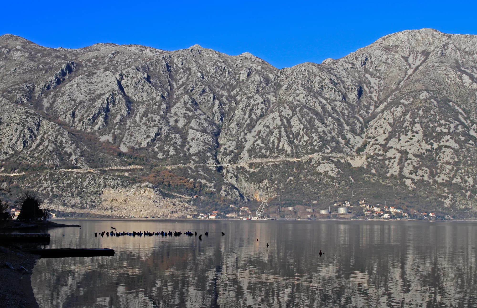 The pebble shore and a small jetty at Lipci, mussel-farm floats on the flat water and the shore road cut into the mountain across the bay