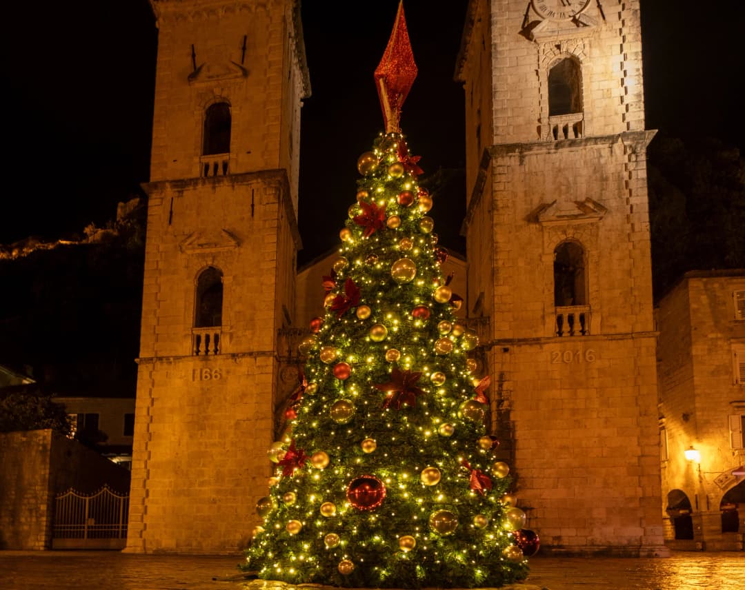 Decorated Christmas tree outside Saint Tryphon Cathedral in Kotor at night