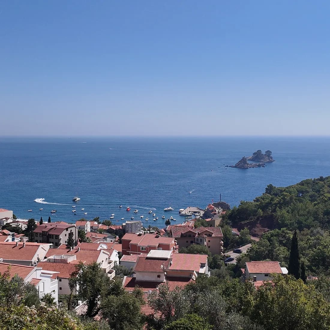 The Katič and Sveta Nedjelja islets off Petrovac from above — the marine part of the Katič Nature Park that also takes in Buljarica