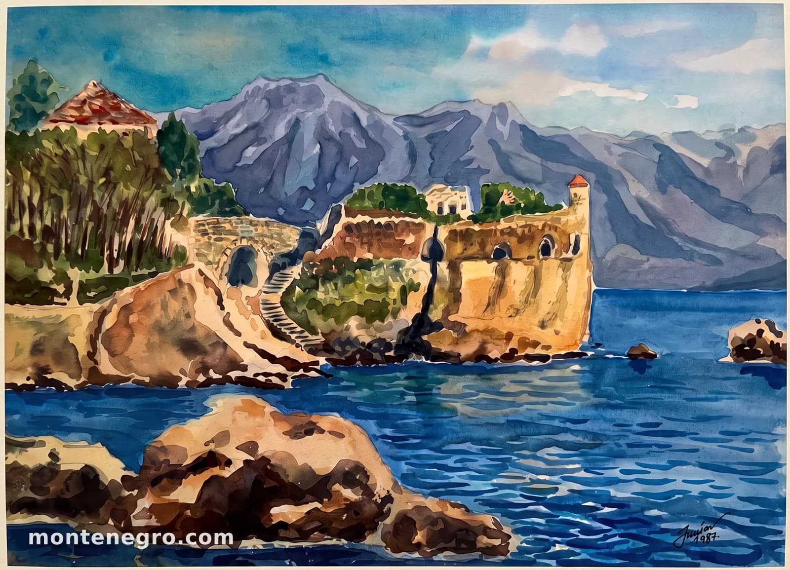 Watercolour of the Citadela before its destruction: an ochre stone fortification standing at the water's edge with arched gun openings in its seaward face and a small red-roofed turret, a stone arched bridge and a flight of steps climbing to it from the left, rocks in the foreground and the mountains of the Bay of Kotor behind.
