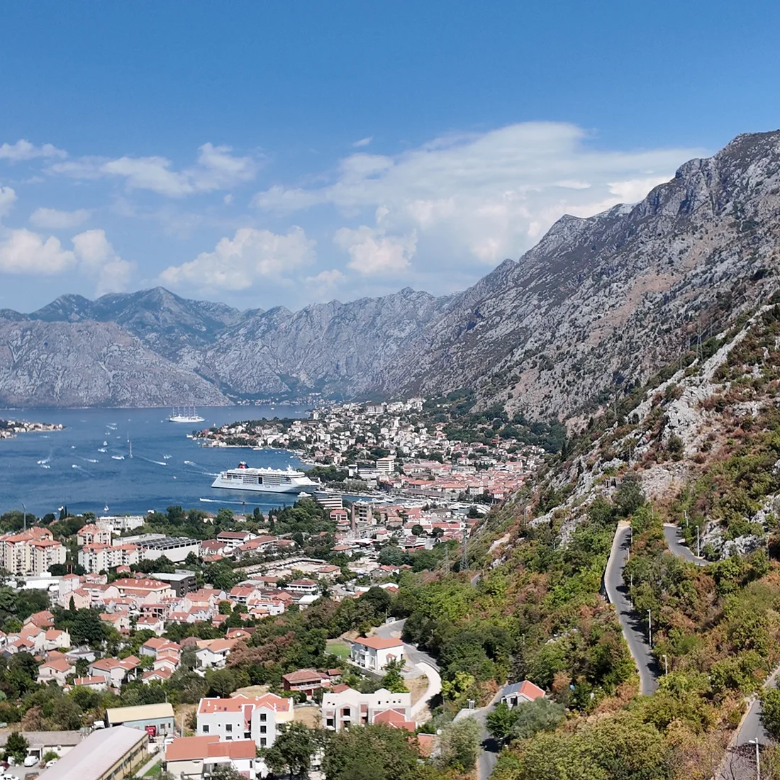 The Bay of Kotor spread out below the hairpin bends of the serpentine mountain road above Skaljari.