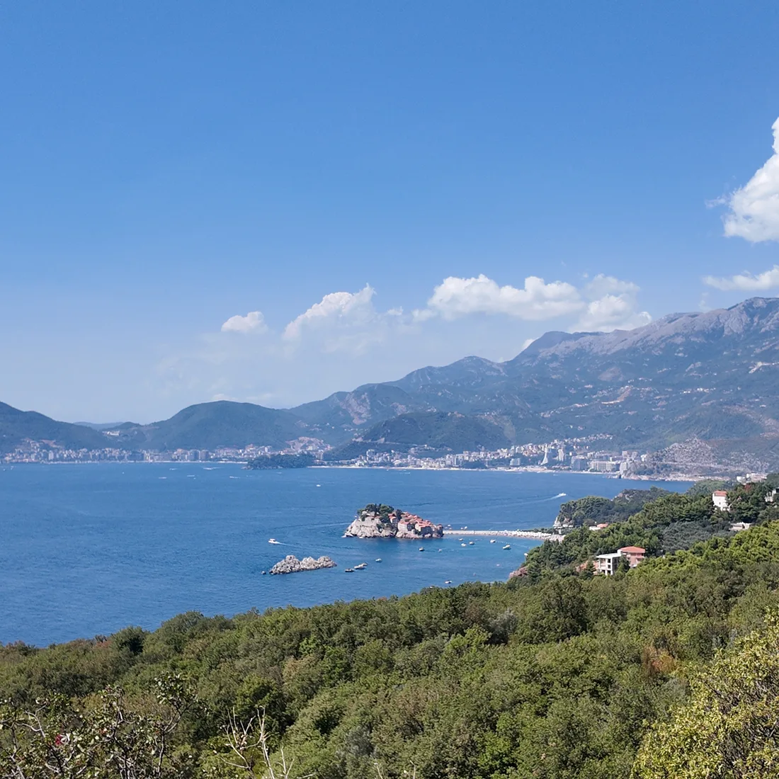 The fortified islet of Sveti Stefan joined to the Budva riviera shore by its narrow causeway, viewed from the hillside above.