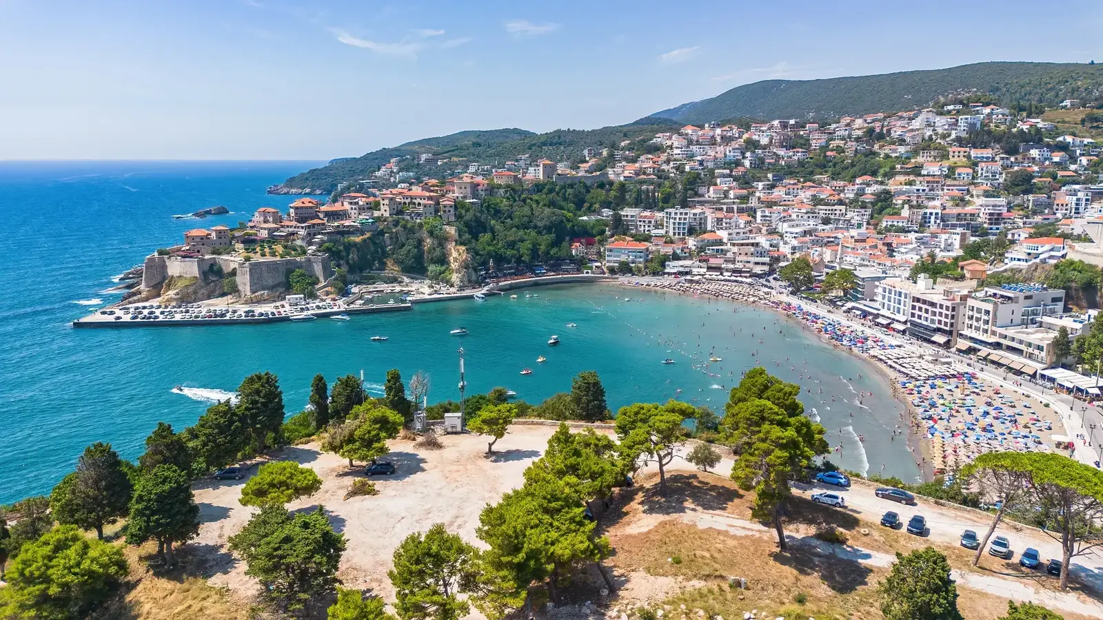 Ulcinj Old Town rising above Mala Plaža