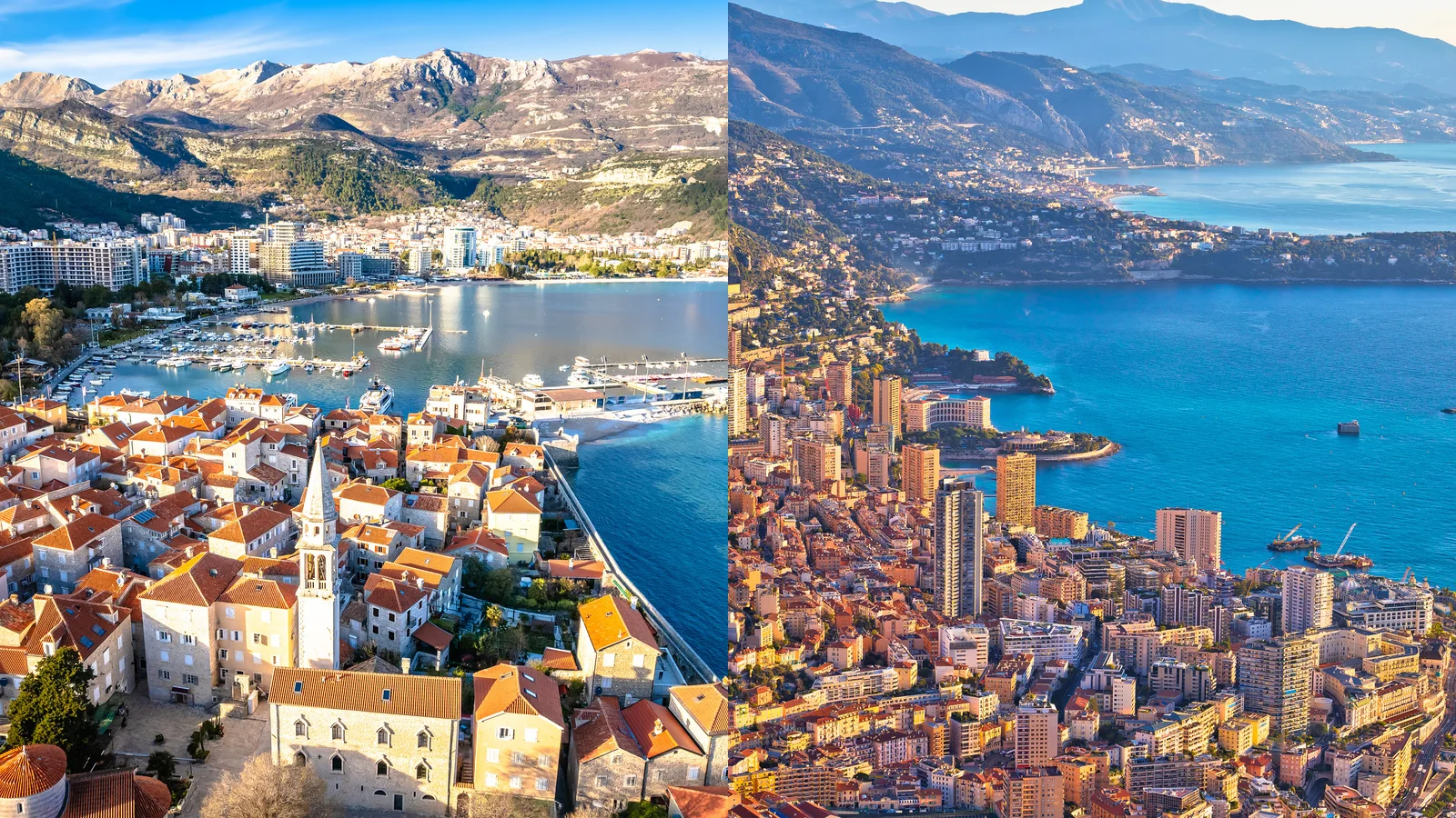 Geteilte Szene von Budvas Altstadt und Strandsilhouette neben dem Monte-Carlo-Hafen und Skyline