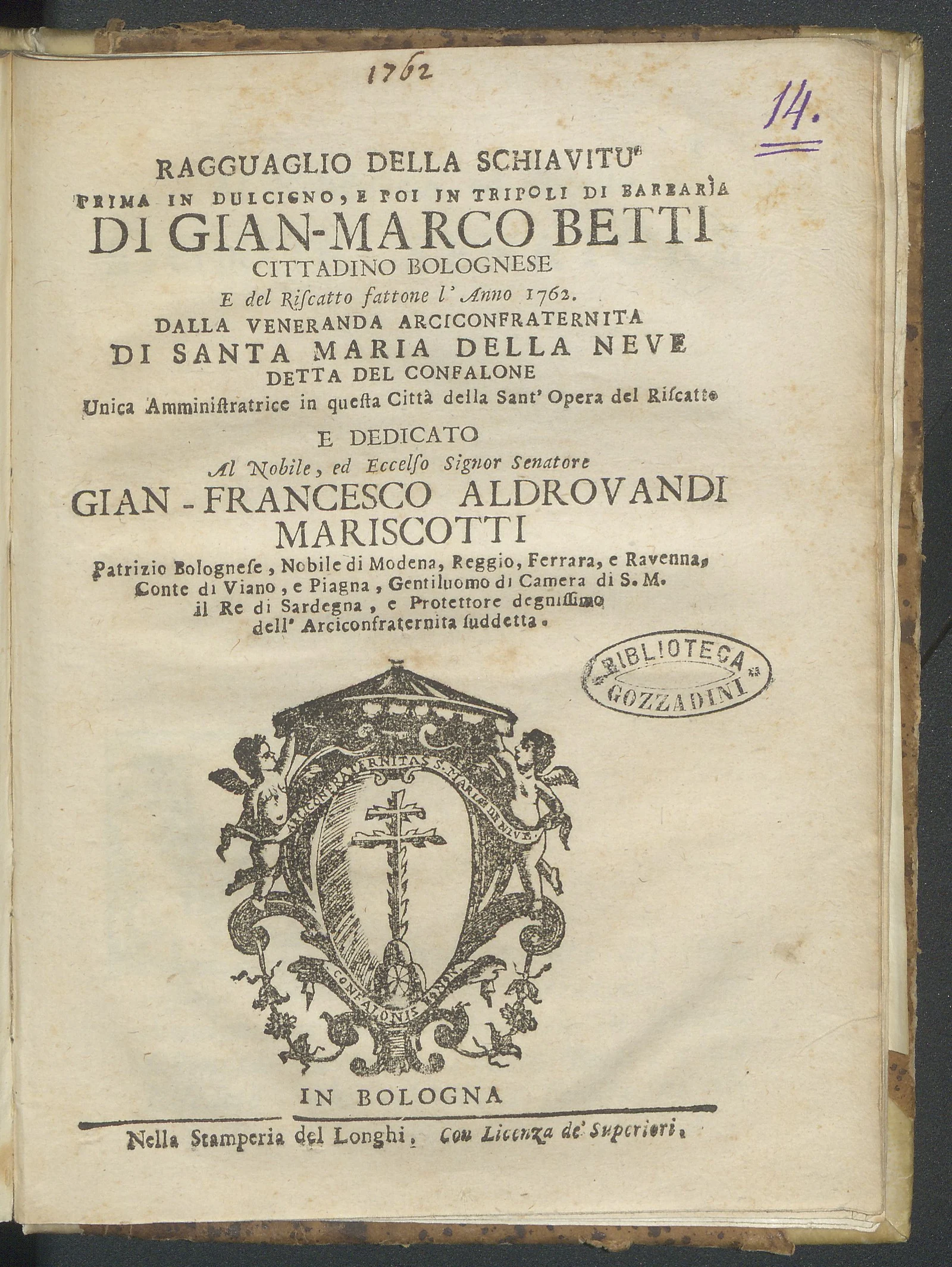 Title page of Gian-Marco Betti's 1762 account of his captivity