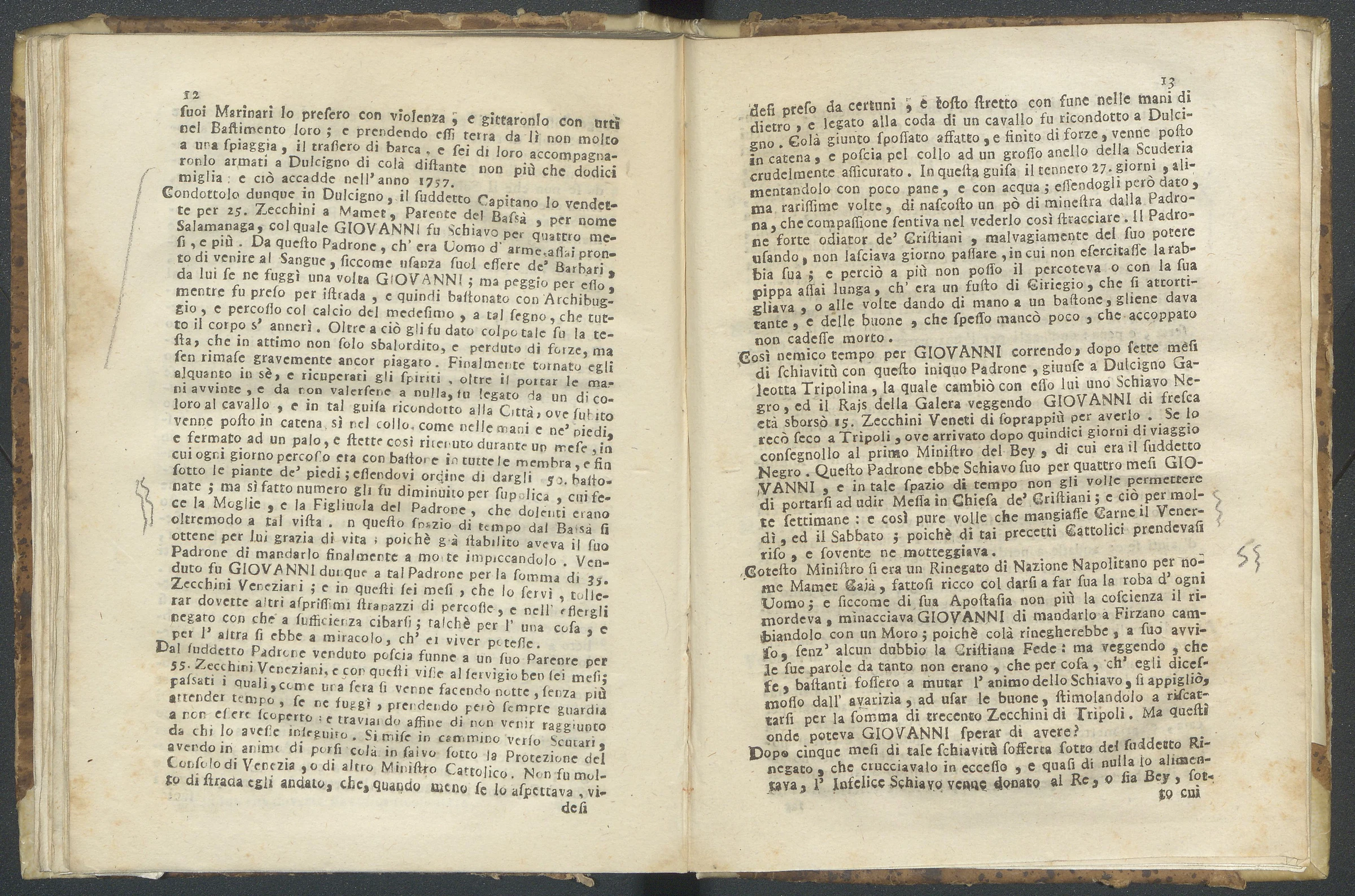 Pages 12 and 13 of the Ragguaglio describing Betti's captivity in Dulcigno